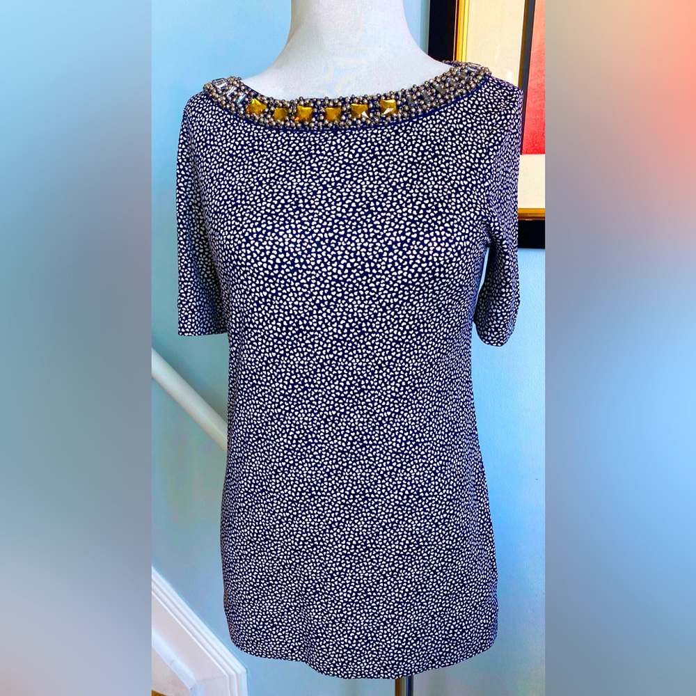 Tory Burch 100% silk embellished top tunic navy blue & white tiny hearts S